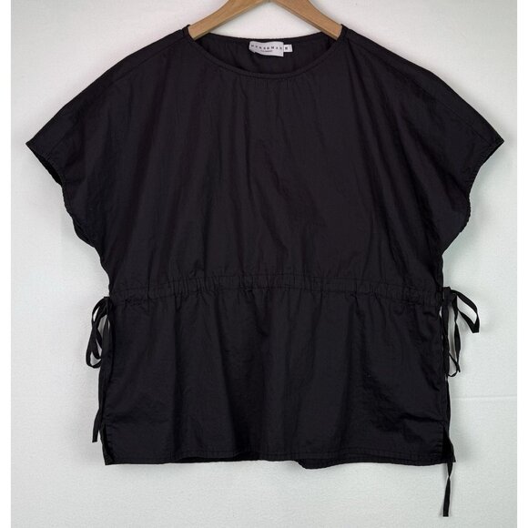 Harshman Cotton Short Sleeve Blouse w/Drawstring Waist Black Rounded Neck Sz M - Picture 1 of 8